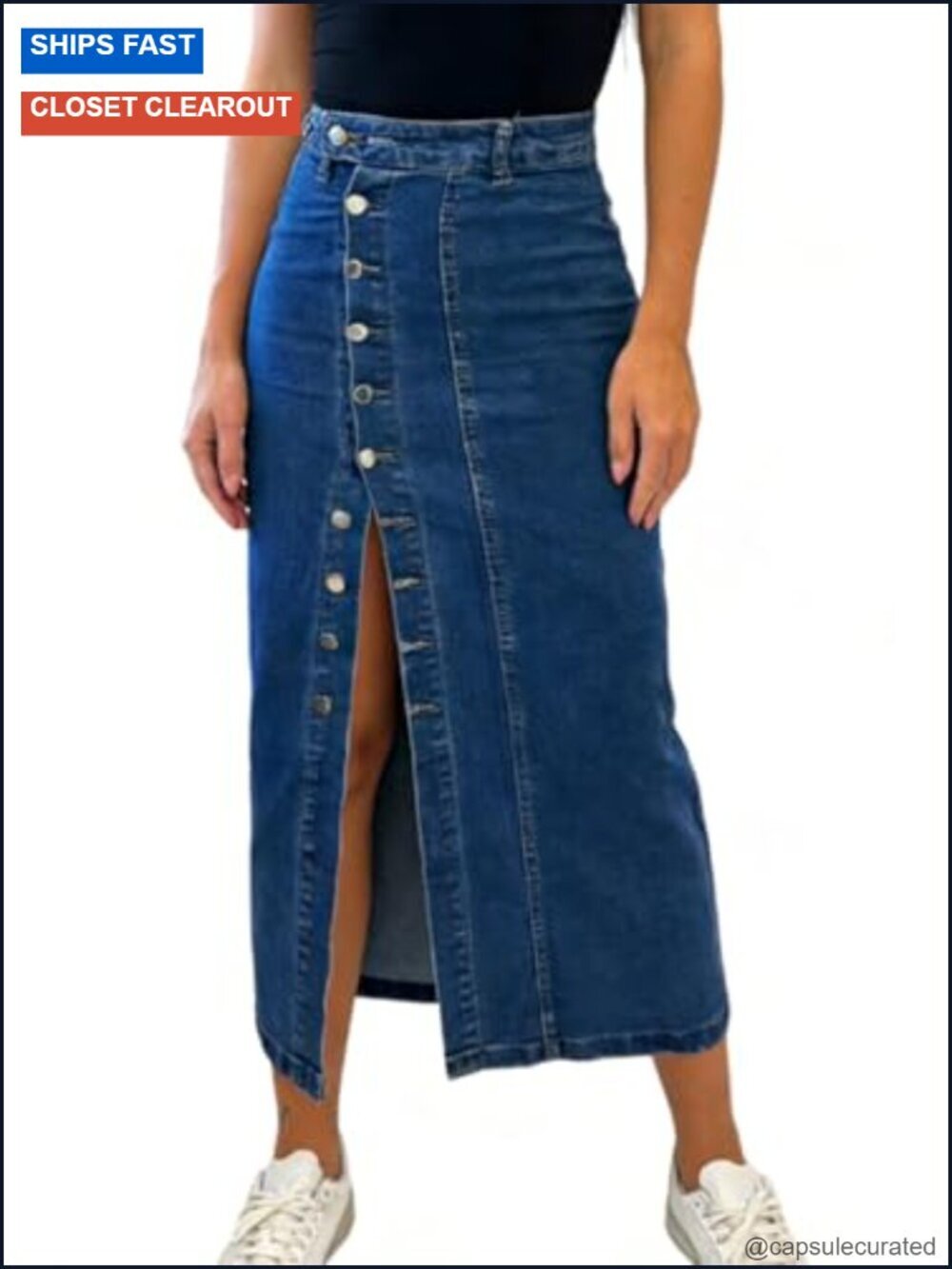 High Waisted A-Line Midi Jean Skirt with Side Slit Button Closure